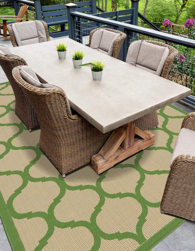 Beige and Green 7' 1 x 10' Outdoor Trellis Rectangle Area Rug Weather Resistant for Patio, Deck, Terrace, Balcony, Porch Geometric Design Water Safe Outside Carpet for Sale at Rug Engine