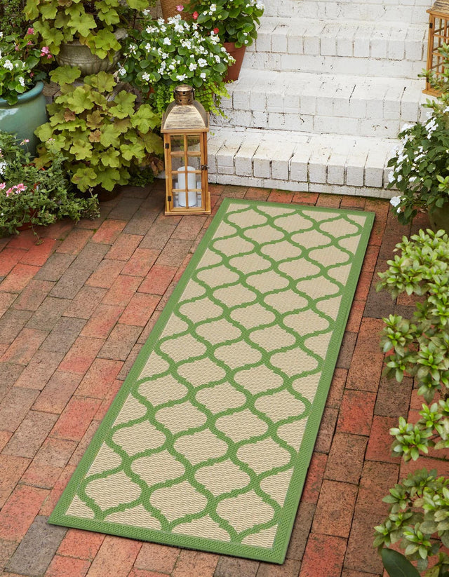 Beige and Green 2' 2 x 6' 1 Outdoor Trellis Runner Area Rug Weather Resistant for Patio, Deck, Terrace, Balcony, Porch Geometric Design Water Safe Outside Carpet for Sale at Rug Engine