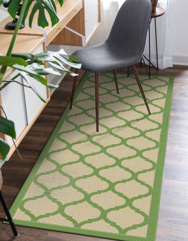 Beige and Green 2' 2 x 6' 1 Outdoor Trellis Runner Area Rug Weather Resistant for Patio, Deck, Terrace, Balcony, Porch Geometric Design Water Safe Outside Carpet for Sale at Rug Engine