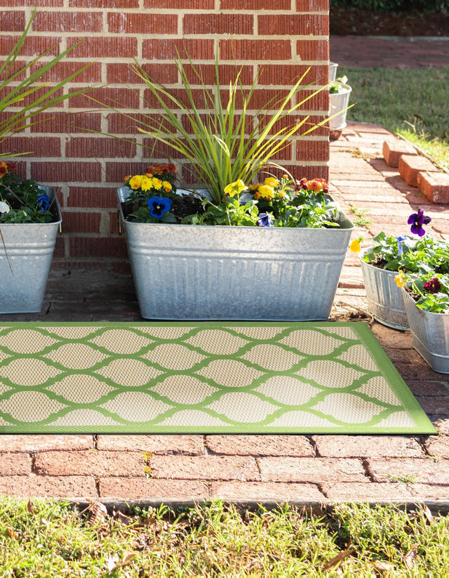 Beige and Green 2' 2 x 6' 1 Outdoor Trellis Runner Area Rug Weather Resistant for Patio, Deck, Terrace, Balcony, Porch Geometric Design Water Safe Outside Carpet for Sale at Rug Engine