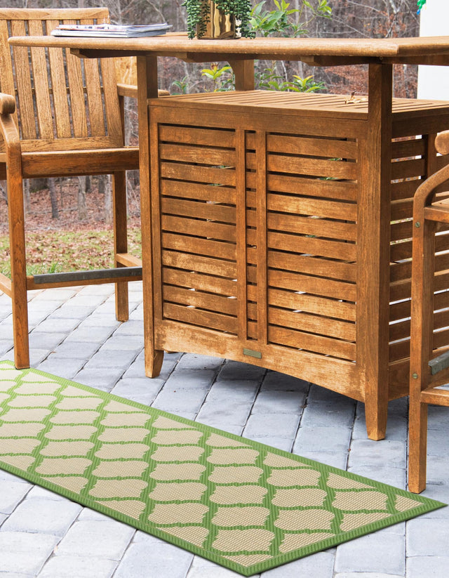 Beige and Green 2' 2 x 6' 1 Outdoor Trellis Runner Area Rug Weather Resistant for Patio, Deck, Terrace, Balcony, Porch Geometric Design Water Safe Outside Carpet for Sale at Rug Engine