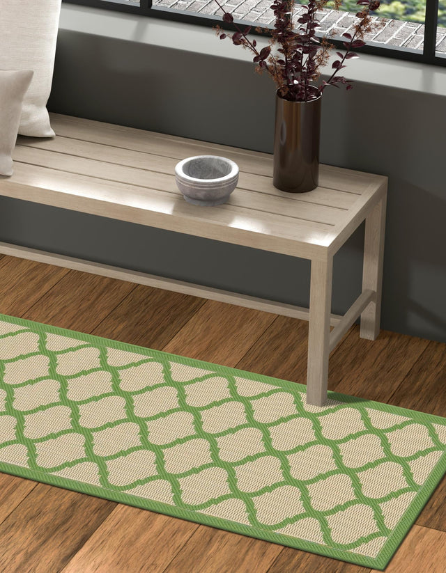 Beige and Green 2' 2 x 6' 1 Outdoor Trellis Runner Area Rug Weather Resistant for Patio, Deck, Terrace, Balcony, Porch Geometric Design Water Safe Outside Carpet for Sale at Rug Engine
