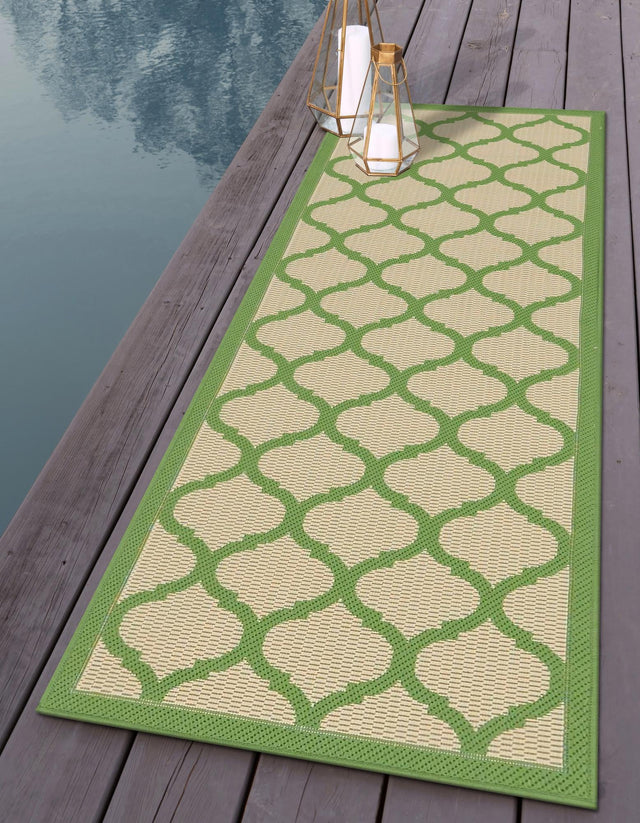 Beige and Green 2' 2 x 6' 1 Outdoor Trellis Runner Area Rug Weather Resistant for Patio, Deck, Terrace, Balcony, Porch Geometric Design Water Safe Outside Carpet for Sale at Rug Engine