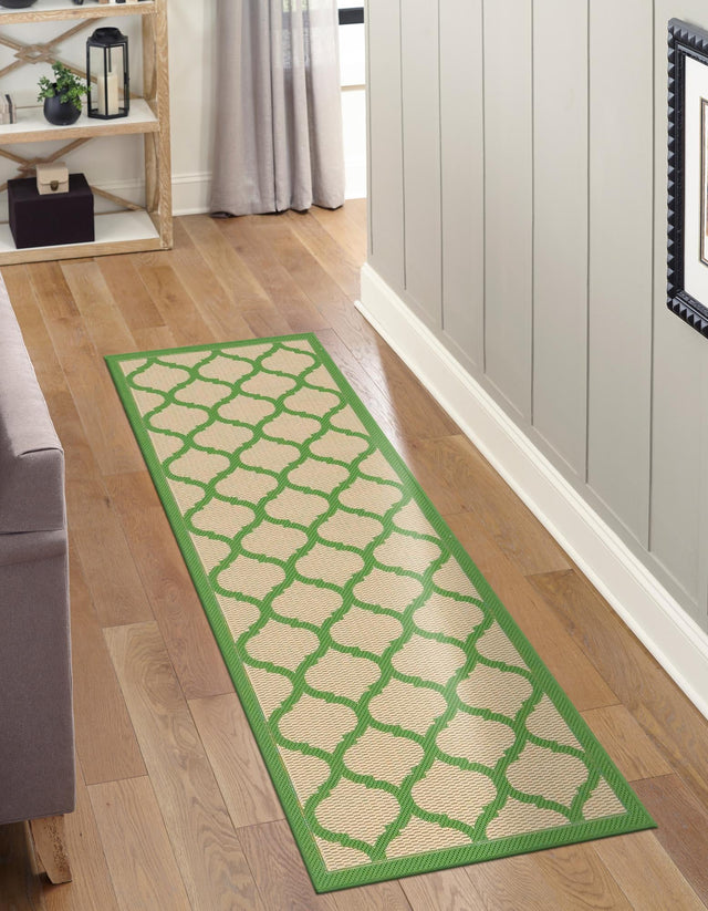 Beige and Green 2' 2 x 6' 1 Outdoor Trellis Runner Area Rug Weather Resistant for Patio, Deck, Terrace, Balcony, Porch Geometric Design Water Safe Outside Carpet for Sale at Rug Engine