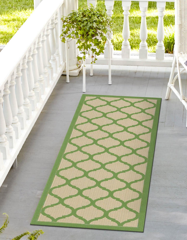 Beige and Green 2' 2 x 6' 1 Outdoor Trellis Runner Area Rug Weather Resistant for Patio, Deck, Terrace, Balcony, Porch Geometric Design Water Safe Outside Carpet for Sale at Rug Engine