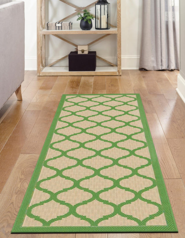 Beige and Green 2' 2 x 6' 1 Outdoor Trellis Runner Area Rug Weather Resistant for Patio, Deck, Terrace, Balcony, Porch Geometric Design Water Safe Outside Carpet for Sale at Rug Engine