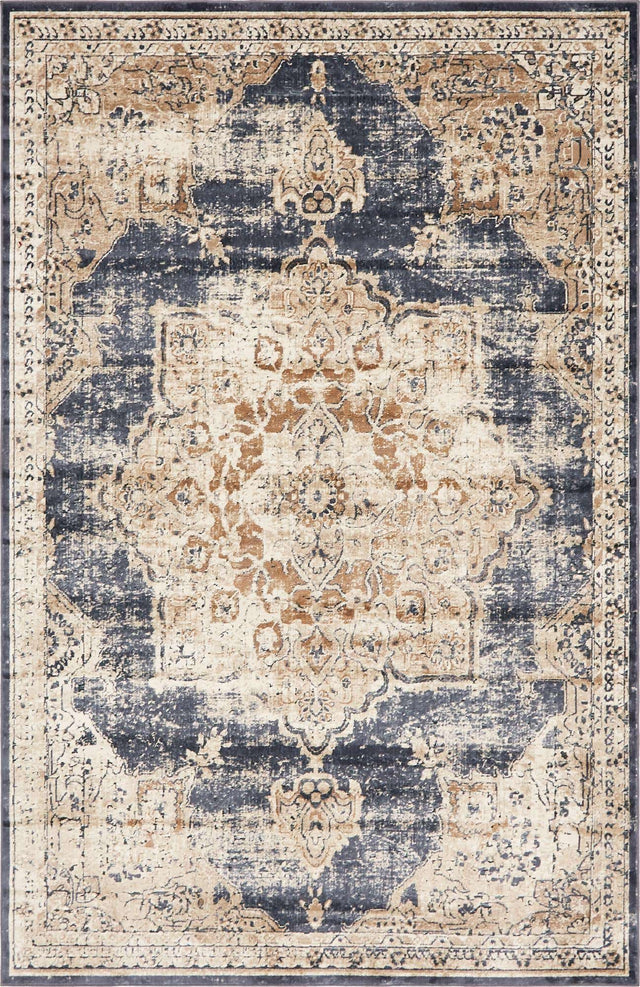 Dark Blue 6' 1 x 9' Chateau Rectangle Area Rug 85% Polypropylene & 15% Chenille With Cotton Backing Traditional Vintage Distressed Carpet for Classical Interior Design Decorating for Sale at Rug Engine