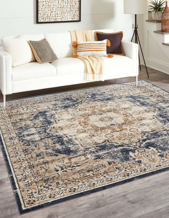 Dark Blue 7' 10 x 7' 10 Chateau Square Area Rug 85% Polypropylene & 15% Chenille With Cotton Backing Traditional Vintage Distressed Carpet for Classical Interior Design Decorating for Sale at Rug Engine