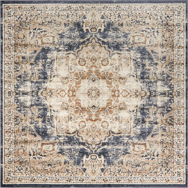 Dark Blue 7' 1 x 7' 1 Chateau Square Area Rug 85% Polypropylene & 15% Chenille With Cotton Backing Traditional Vintage Distressed Carpet for Classical Interior Design Decorating for Sale at Rug Engine