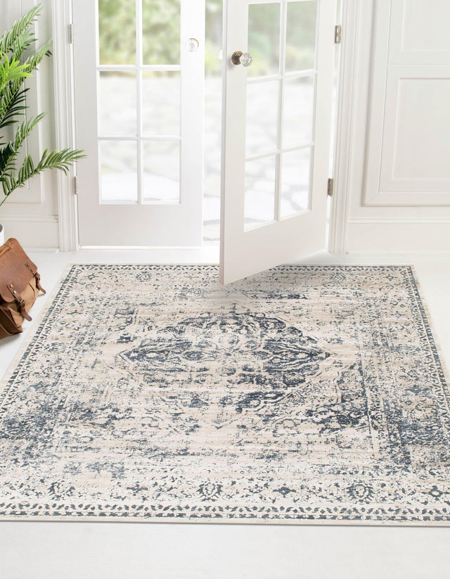 Dark Blue 6' 9 x 7' 1 Chateau Square Area Rug 85% Polypropylene & 15% Chenille With Cotton Backing Traditional Vintage Distressed Carpet for Classical Interior Design Decorating for Sale at Rug Engine