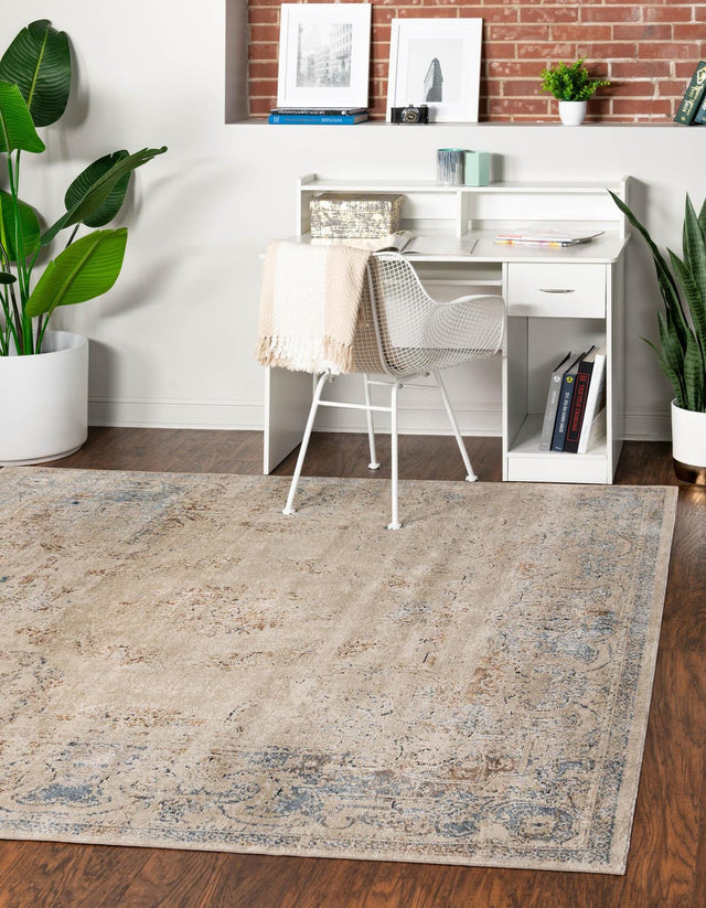 Blue Cream 7' 1 x 7' 1 Chateau Square Area Rug 85% Polypropylene & 15% Chenille With Cotton Backing Traditional Vintage Distressed Carpet for Classical Interior Design Decorating for Sale at Rug Engine
