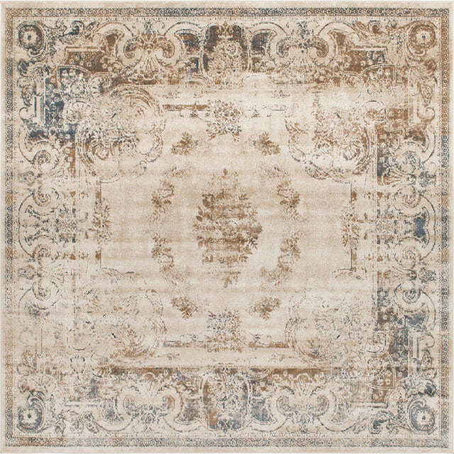 Blue Cream 7' 1 x 7' 1 Chateau Square Area Rug 85% Polypropylene & 15% Chenille With Cotton Backing Traditional Vintage Distressed Carpet for Classical Interior Design Decorating for Sale at Rug Engine