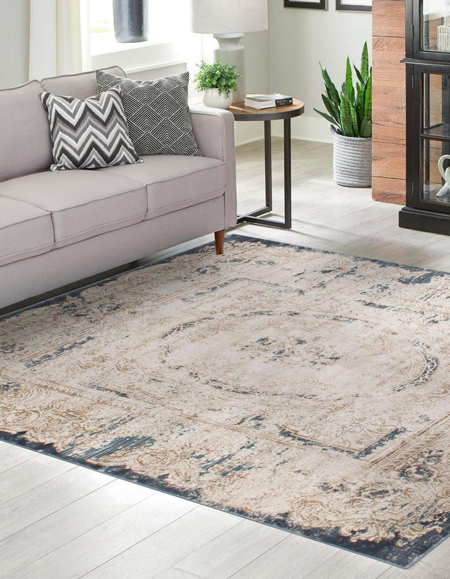 Cream 7' 1 x 7' 1 Chateau Square Area Rug 85% Polypropylene & 15% Chenille With Cotton Backing Traditional Vintage Distressed Carpet for Classical Interior Design Decorating for Sale at Rug Engine