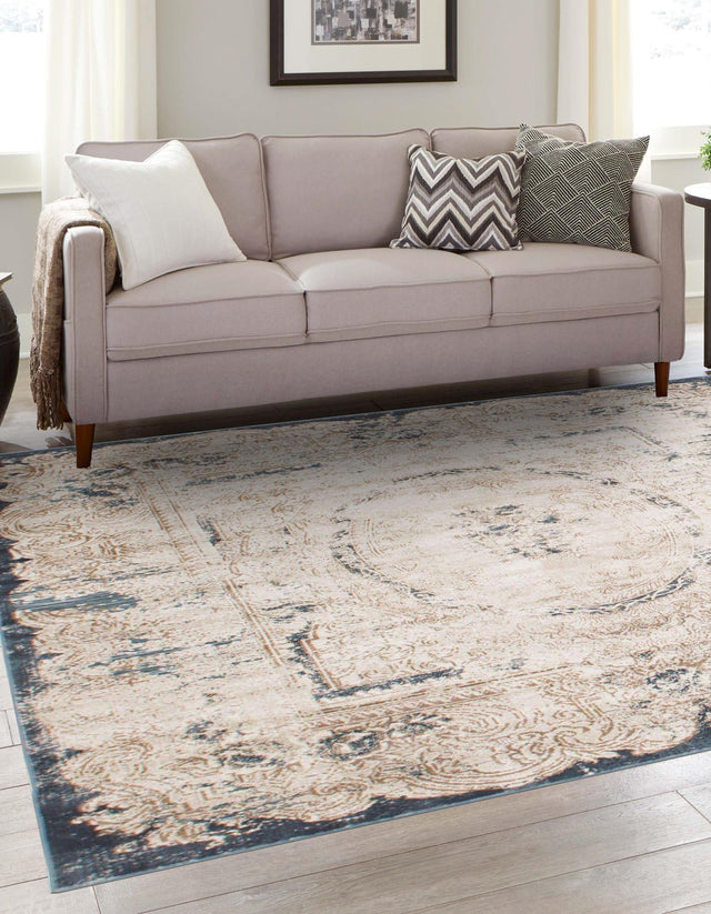 Cream 7' 1 x 7' 1 Chateau Square Area Rug 85% Polypropylene & 15% Chenille With Cotton Backing Traditional Vintage Distressed Carpet for Classical Interior Design Decorating for Sale at Rug Engine