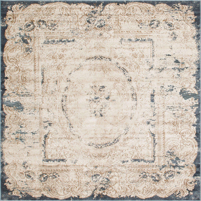 Cream 7' 1 x 7' 1 Chateau Square Area Rug 85% Polypropylene & 15% Chenille With Cotton Backing Traditional Vintage Distressed Carpet for Classical Interior Design Decorating for Sale at Rug Engine