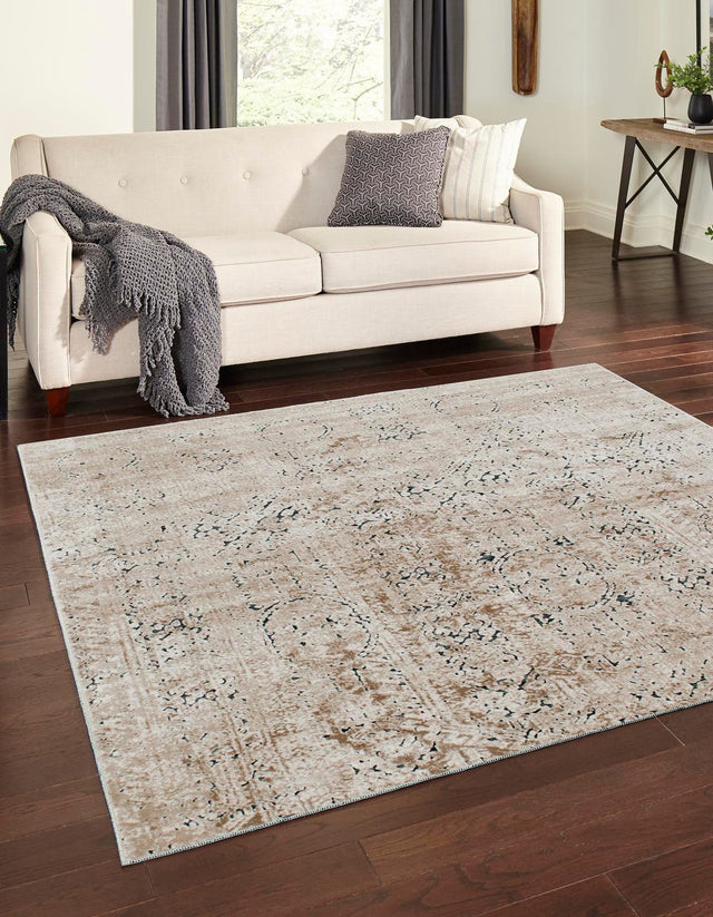 Beige 7' 1 x 7' 1 Chateau Square Area Rug 85% Polypropylene & 15% Chenille With Cotton Backing Traditional Vintage Distressed Carpet for Classical Interior Design Decorating for Sale at Rug Engine