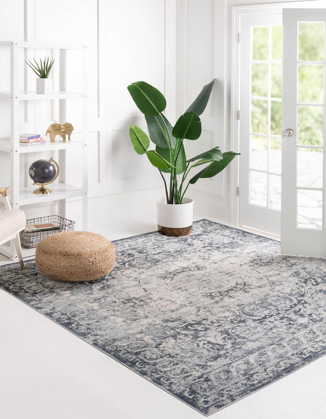 Dark Blue 7' 1 x 7' 1 Chateau Square Area Rug 85% Polypropylene & 15% Chenille With Cotton Backing Traditional Vintage Distressed Carpet for Classical Interior Design Decorating for Sale at Rug Engine