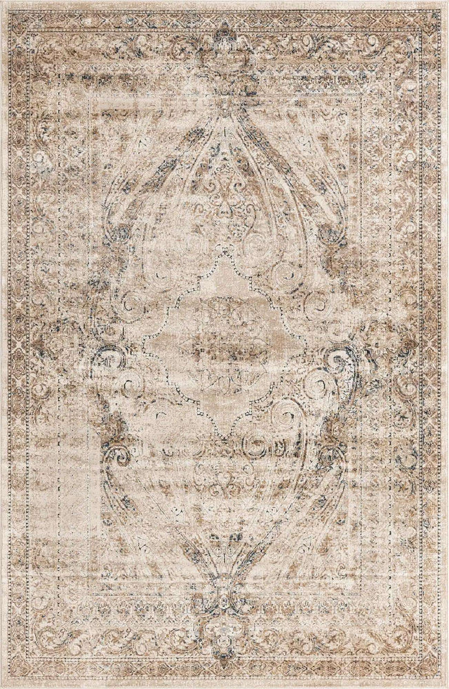 Beige 6' 1 x 9' Chateau Rectangle Area Rug 85% Polypropylene & 15% Chenille With Cotton Backing Traditional Vintage Distressed Carpet for Classical Interior Design Decorating for Sale at Rug Engine