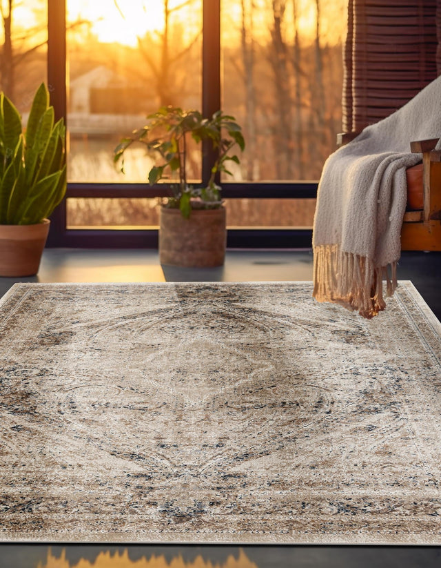Beige 7' 1 x 7' 1 Chateau Square Area Rug 85% Polypropylene & 15% Chenille With Cotton Backing Traditional Vintage Distressed Carpet for Classical Interior Design Decorating for Sale at Rug Engine