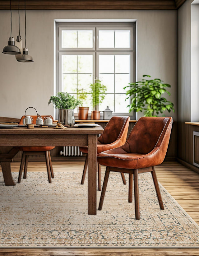 Beige 7' 1 x 7' 1 Chateau Square Area Rug 85% Polypropylene & 15% Chenille With Cotton Backing Traditional Vintage Distressed Carpet for Classical Interior Design Decorating for Sale at Rug Engine