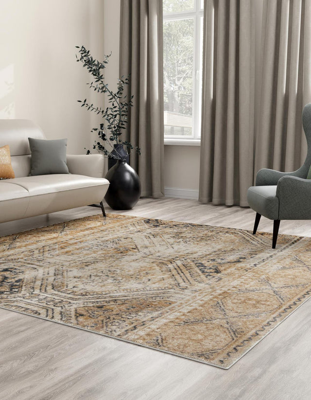 Blue Beige 7' 1 x 7' 1 Chateau Square Area Rug 85% Polypropylene & 15% Chenille With Cotton Backing Traditional Vintage Distressed Carpet for Classical Interior Design Decorating for Sale at Rug Engine