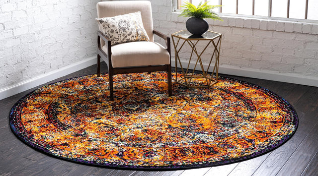 Orange 8' x 8' Rosso Round Area Rug Vintage Distressed Faded Traditional Design Carpet for Unique Home Interior Design for Sale at Rug Engine