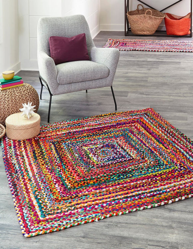 Multicolor 6' 1 x 6' 1 Braided Chindi Square Area Rug 100% Cotton Hand Braided Natural Eco-Friendly Boho Style Modern Carpet for Living Rooms Dining Office Dorm for Sale at Rug Engine