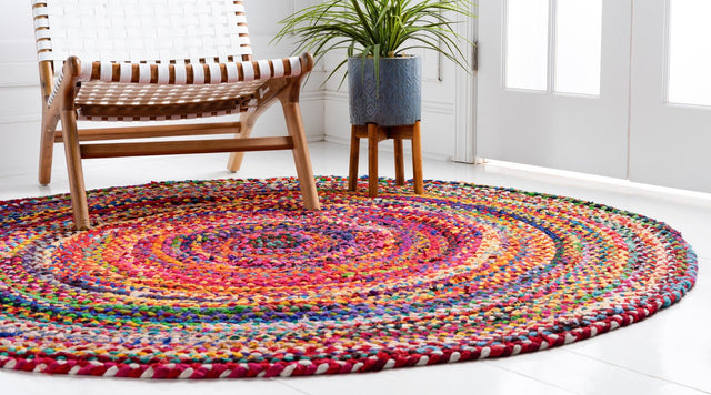 Multicolor 8' x 8' Braided Chindi Round Area Rug 100% Cotton Hand Braided Natural Eco-Friendly Boho Style Modern Carpet for Living Rooms Dining Office Dorm for Sale at Rug Engine