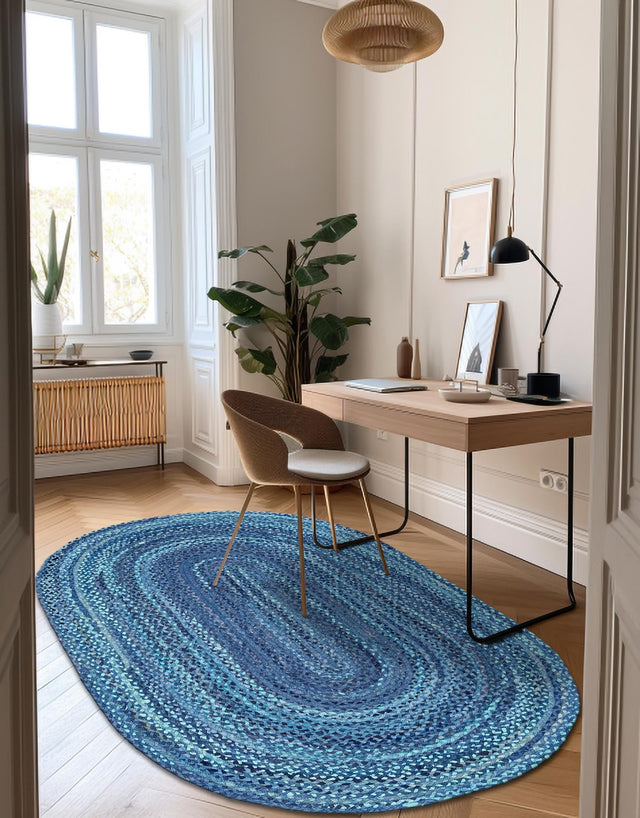 Blue 3' 3 x 5' 1 Braided Chindi Oval Area Rug 100% Cotton Hand Braided Natural Eco-Friendly Boho Style Modern Carpet for Living Rooms Dining Office Dorm for Sale at Rug Engine