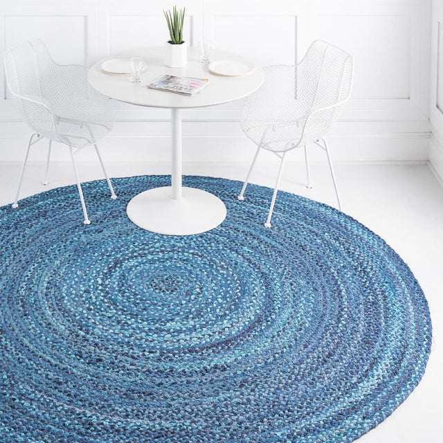 Blue 8' x 8' Braided Chindi Round Area Rug 100% Cotton Hand Braided Natural Eco-Friendly Boho Style Modern Carpet for Living Rooms Dining Office Dorm for Sale at Rug Engine