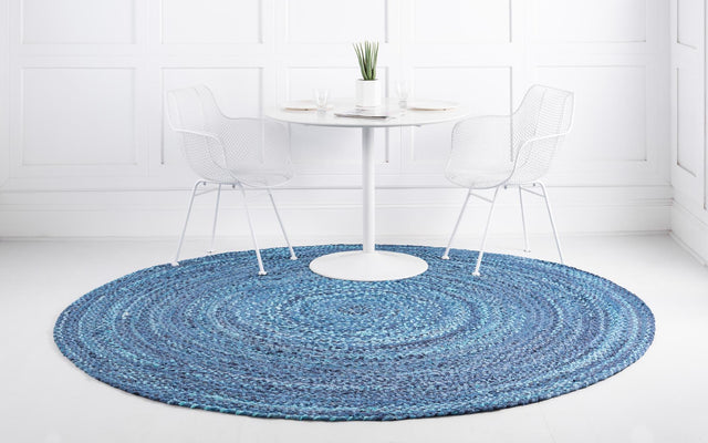 Blue 8' x 8' Braided Chindi Round Area Rug 100% Cotton Hand Braided Natural Eco-Friendly Boho Style Modern Carpet for Living Rooms Dining Office Dorm for Sale at Rug Engine