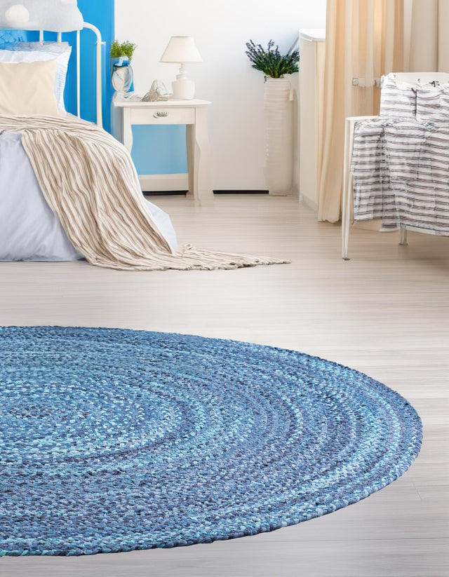 Blue 8' x 8' Braided Chindi Round Area Rug 100% Cotton Hand Braided Natural Eco-Friendly Boho Style Modern Carpet for Living Rooms Dining Office Dorm for Sale at Rug Engine