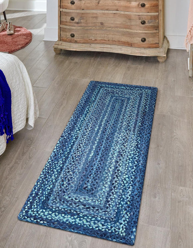 Blue 2' 6 x 6' 1 Braided Chindi Runner Area Rug 100% Cotton Hand Braided Natural Eco-Friendly Boho Style Modern Carpet for Living Rooms Dining Office Dorm for Sale at Rug Engine