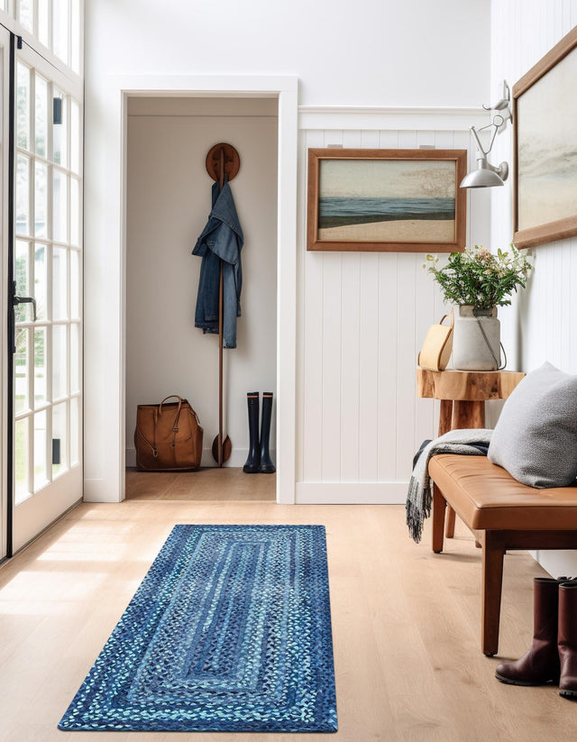 Blue 2' 6 x 6' 1 Braided Chindi Runner Area Rug 100% Cotton Hand Braided Natural Eco-Friendly Boho Style Modern Carpet for Living Rooms Dining Office Dorm for Sale at Rug Engine