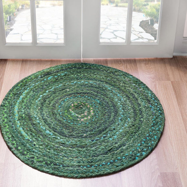 Green 8' x 8' Braided Chindi Round Area Rug 100% Cotton Hand Braided Natural Eco-Friendly Boho Style Modern Carpet for Living Rooms Dining Office Dorm for Sale at Rug Engine