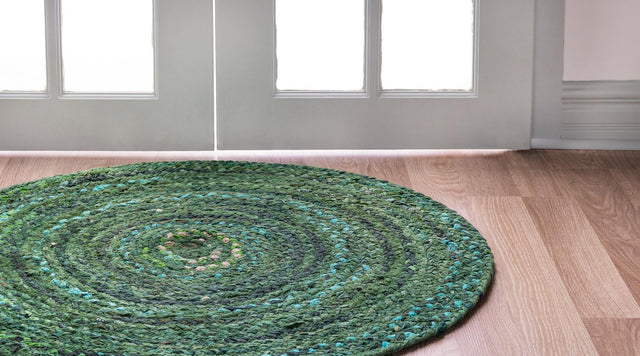 Green 8' x 8' Braided Chindi Round Area Rug 100% Cotton Hand Braided Natural Eco-Friendly Boho Style Modern Carpet for Living Rooms Dining Office Dorm for Sale at Rug Engine