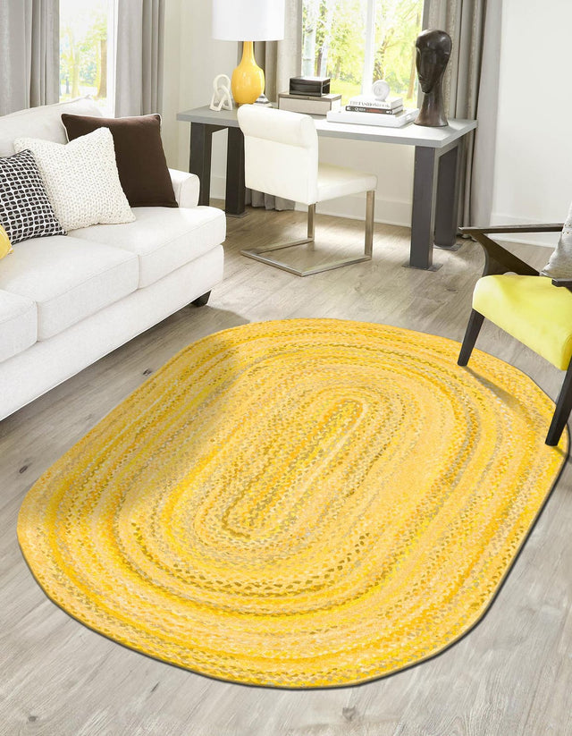 Yellow Orange 5' 1 x 8' Braided Chindi Oval Area Rug 100% Cotton Hand Braided Natural Eco-Friendly Boho Style Modern Carpet for Living Rooms Dining Office Dorm for Sale at Rug Engine