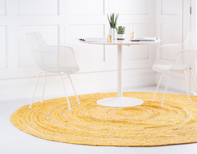 Yellow Orange 8' x 8' Braided Chindi Round Area Rug 100% Cotton Hand Braided Natural Eco-Friendly Boho Style Modern Carpet for Living Rooms Dining Office Dorm for Sale at Rug Engine