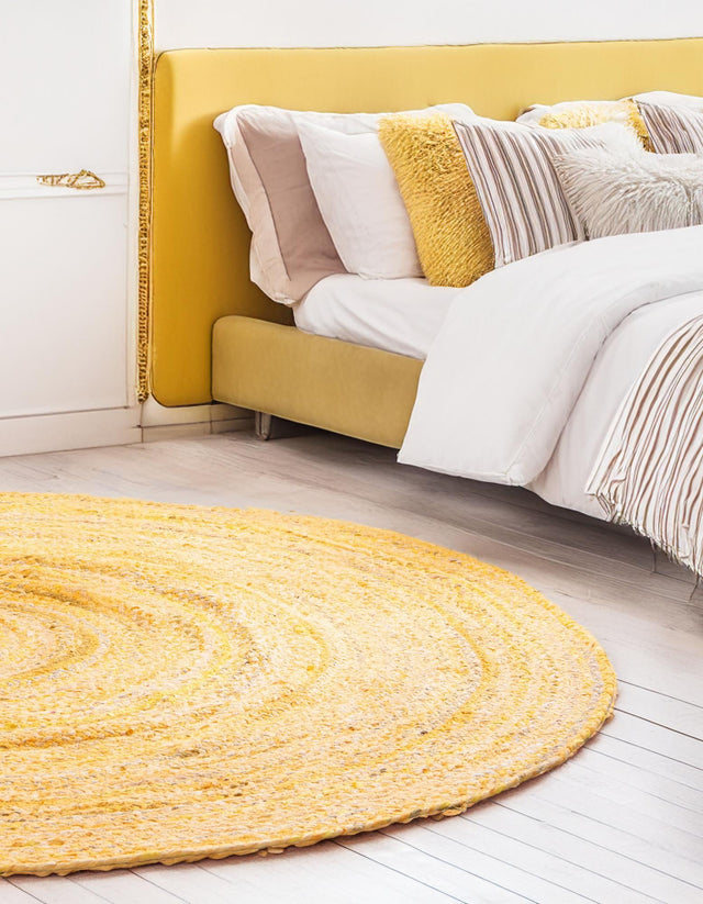 Yellow Orange 8' x 8' Braided Chindi Round Area Rug 100% Cotton Hand Braided Natural Eco-Friendly Boho Style Modern Carpet for Living Rooms Dining Office Dorm for Sale at Rug Engine