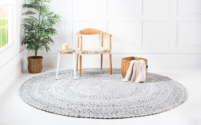 Gray 8' x 8' Braided Chindi Round Area Rug 100% Cotton Hand Braided Natural Eco-Friendly Boho Style Modern Carpet for Living Rooms Dining Office Dorm for Sale at Rug Engine