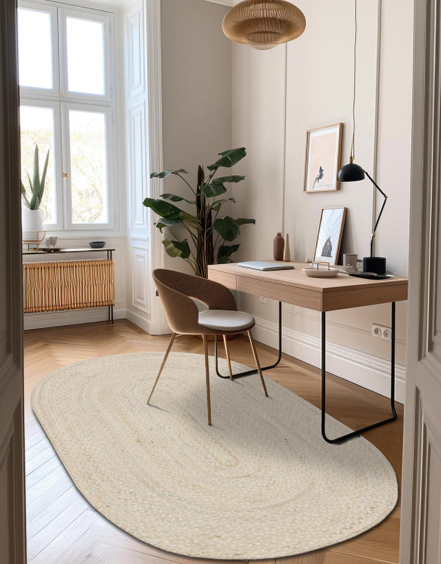 Ivory 5' 1 x 8' Braided Chindi Oval Area Rug 100% Cotton Hand Braided Natural Eco-Friendly Boho Style Modern Carpet for Living Rooms Dining Office Dorm for Sale at Rug Engine