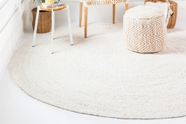 Ivory 8' x 8' Braided Chindi Round Area Rug 100% Cotton Hand Braided Natural Eco-Friendly Boho Style Modern Carpet for Living Rooms Dining Office Dorm for Sale at Rug Engine
