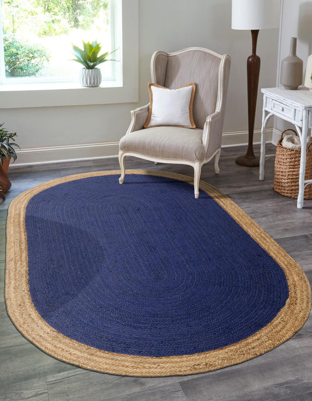 Navy Blue 5' 1 x 8' Braided Jute Oval Area Rug 100% Jute Hand Braided Natural Eco-Friendly Boho Style Carpet for Living Rooms Dining Office Space Dorms for Sale at Rug Engine