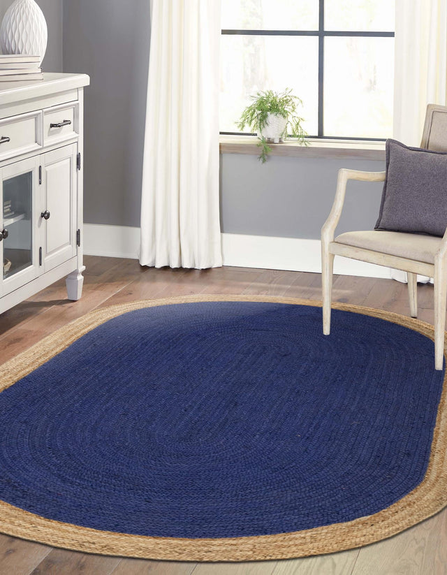 Navy Blue 8' x 10' Braided Jute Oval Area Rug 100% Jute Hand Braided Natural Eco-Friendly Boho Style Carpet for Living Rooms Dining Office Space Dorms for Sale at Rug Engine