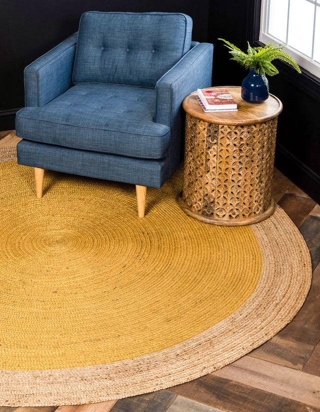 Yellow 8' x 8' Braided Jute Round Area Rug 100% Jute Hand Braided Natural Eco-Friendly Boho Style Carpet for Living Rooms Dining Office Space Dorms for Sale at Rug Engine