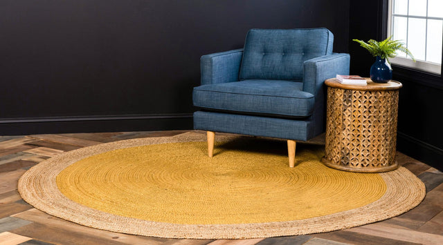 Yellow 8' x 8' Braided Jute Round Area Rug 100% Jute Hand Braided Natural Eco-Friendly Boho Style Carpet for Living Rooms Dining Office Space Dorms for Sale at Rug Engine