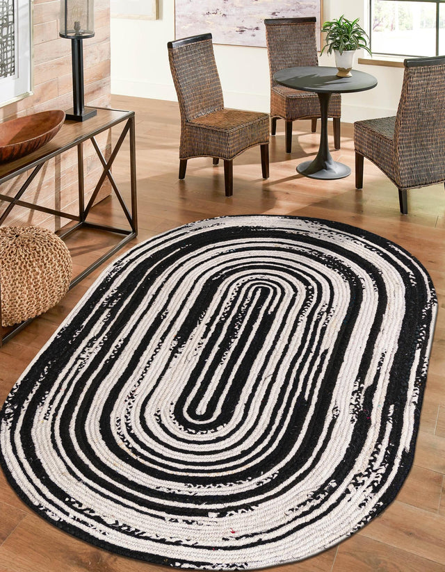 Black and White 5' 1 x 8' Braided Chindi Oval Area Rug 100% Cotton Hand Braided Natural Eco-Friendly Boho Style Modern Carpet for Living Rooms Dining Office Dorm for Sale at Rug Engine