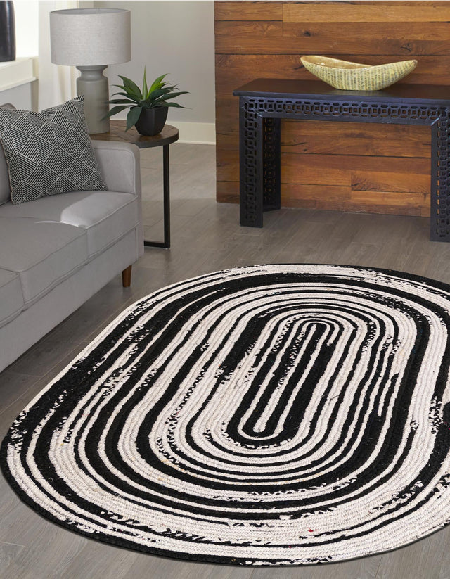 Black and White 5' 1 x 8' Braided Chindi Oval Area Rug 100% Cotton Hand Braided Natural Eco-Friendly Boho Style Modern Carpet for Living Rooms Dining Office Dorm for Sale at Rug Engine