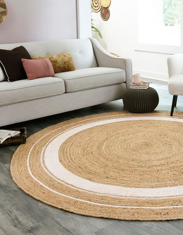 Natural and White 8' x 8' Braided Jute Round Area Rug 100% Jute Hand Braided Natural Eco-Friendly Boho Style Carpet for Living Rooms Dining Office Space Dorms for Sale at Rug Engine
