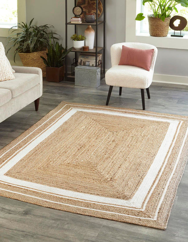 Natural and White 5' 1 x 8' Braided Jute Rectangle Area Rug 100% Jute Hand Braided Natural Eco-Friendly Boho Style Carpet for Living Rooms Dining Office Space Dorms for Sale at Rug Engine